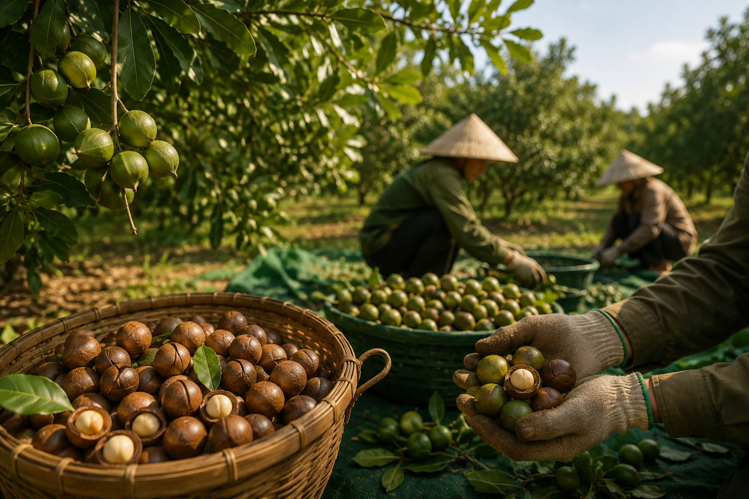 Thu hoạch quả mắc ca đúng thời điểm